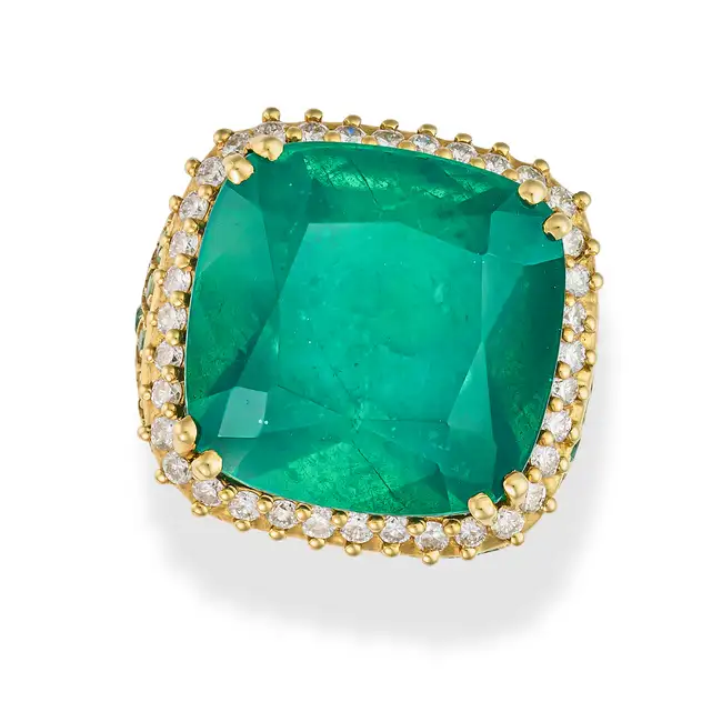 MORAGLIONE, A SOUDE EMERALD, EMERALD AND ROUND BRILLIANT CUT DIAMONDS in 18ct yellow gold, set