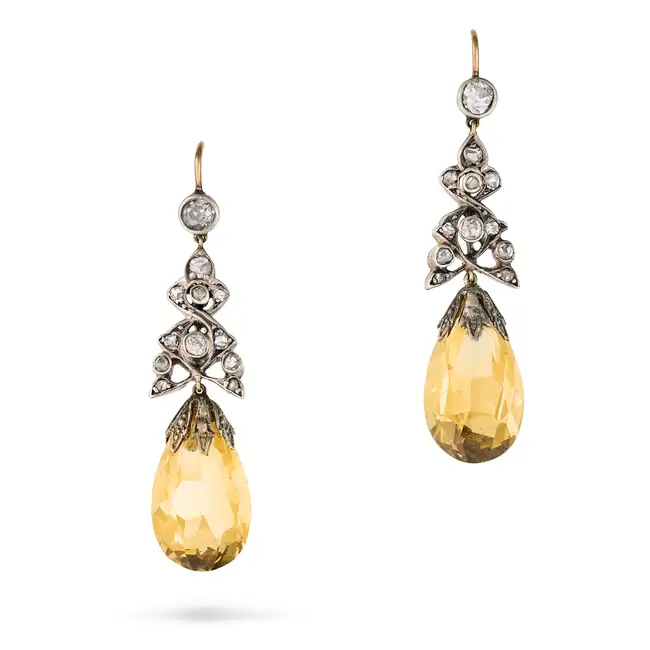 A PAIR OF ANTIQUE CITRINE AND DIAMOND DROP EARRINGS in yellow gold and silver, each suspending a