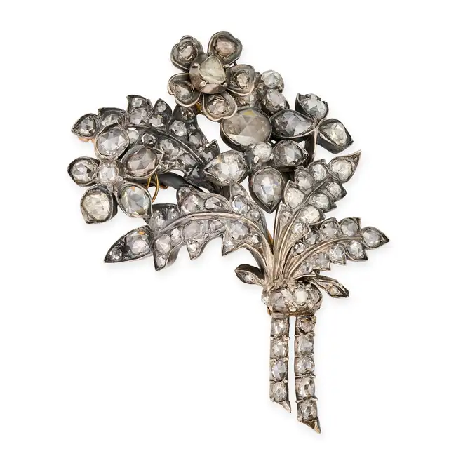 AN ANTIQUE ANTIQUE DIAMOND EN TREMBLANT BOUQUET BROOCH, EARLY 19TH CENTURY in silver and gold,