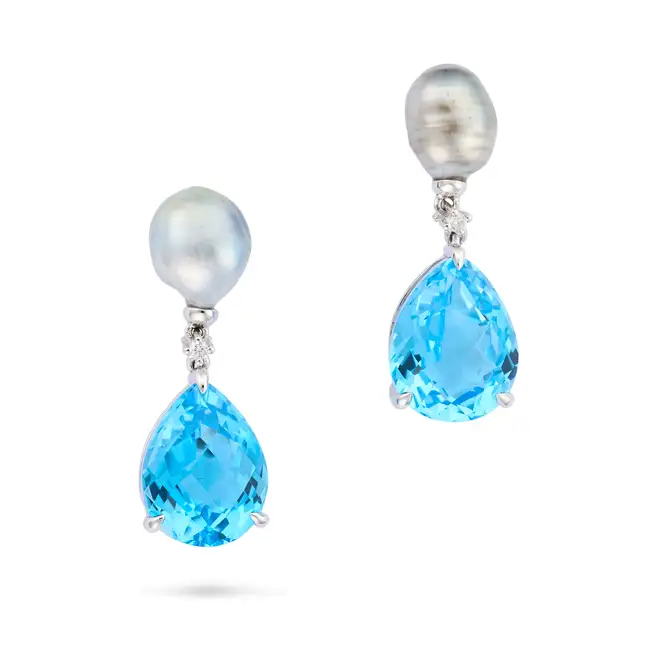 NO RESERVE - A PAIR OF BLUE TOPAZ, PEARL AND DIAMOND DROP EARRINGS each comprising a grey pearl stud