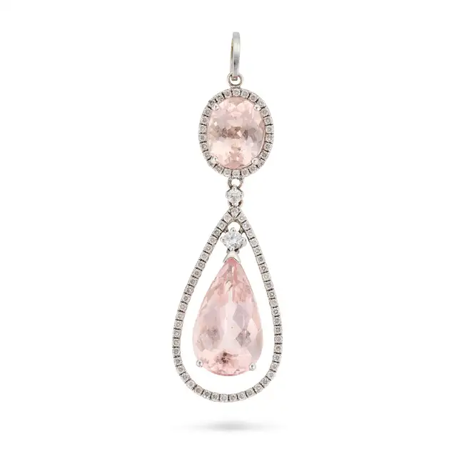 A MORGANITE AND DIAMOND PENDANT comprising a pear cut morganite drop of approximately 5.09 carats