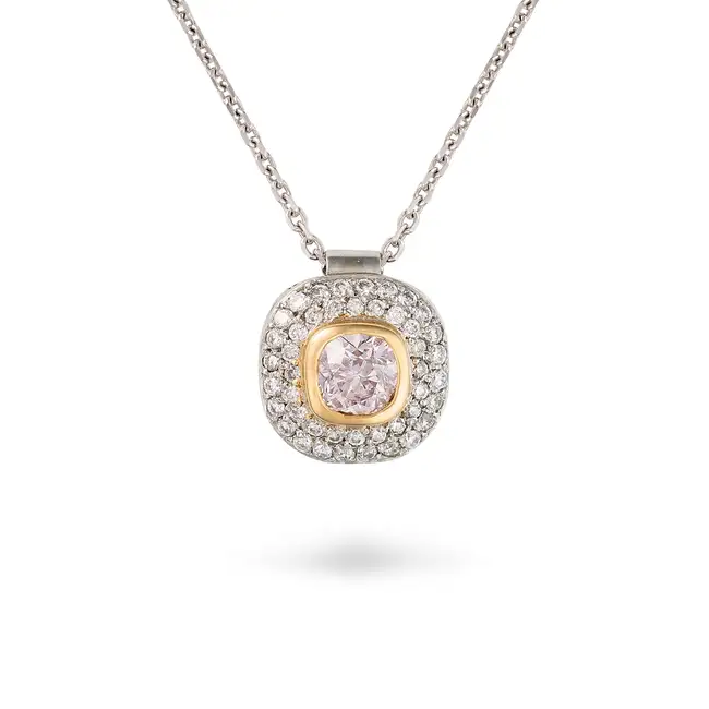 A LIGHT PINK BROWN DIAMOND PENDANT NECKLACE the pendant set with a cushion cut pink diamond of 0.
