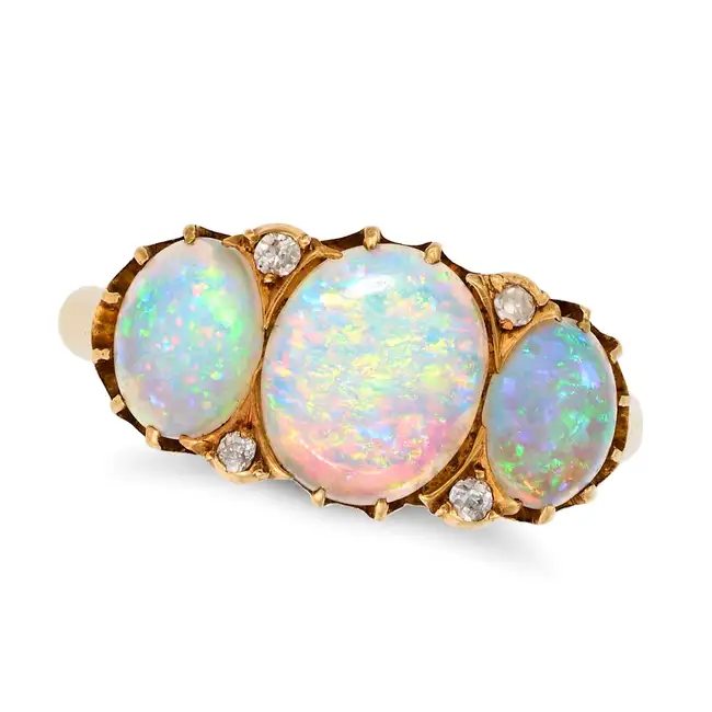 NO RESERVE - A SCOTTISH ANTIQUE OPAL AND DIAMOND RING, 1902 in 18ct yellow gold, set with three
