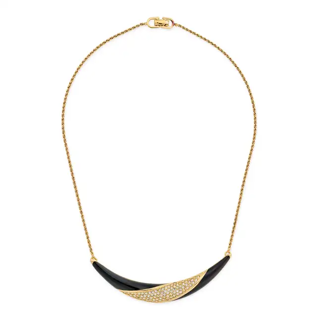 CHRISTIAN DIOR, A BLACK ENAMEL DIAMANTE NECKLACE comprising a fancy link gold plated chain