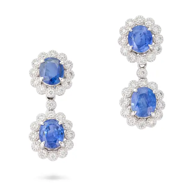 NO RESERVE - A PAIR OF SAPPHIRE AND DIAMOND CLUSTER DROP EARRINGS each comprising a cushion cut