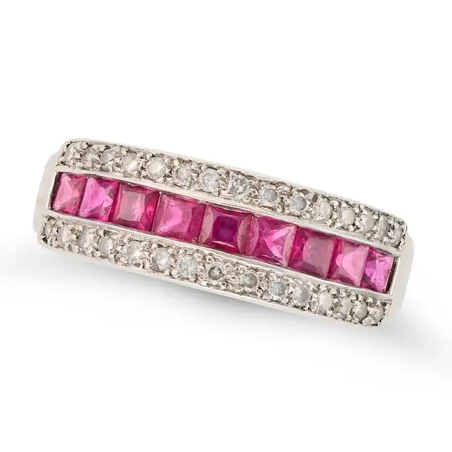 NO RESERVE - A RUBY AND DIAMOND HALF ETERNITY RING in 18ct white gold, set with a row of square step