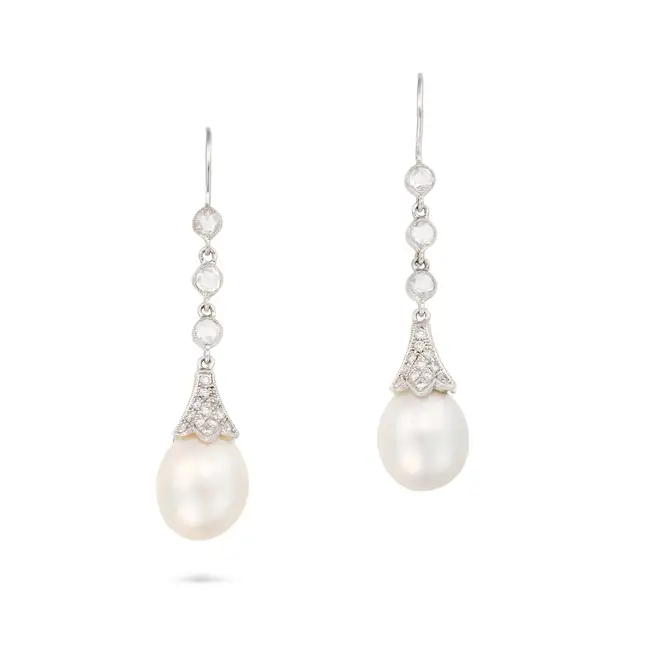 A PAIR OF PEARL AND DIAMOND DROP EARRINGS each comprising a row of rose cut diamonds, suspending a