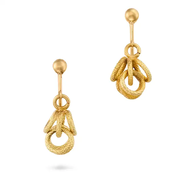 A PAIR OF GOLD DROP EARRINGS each suspending a textured gold drop, screw back fittings, stamped K18,