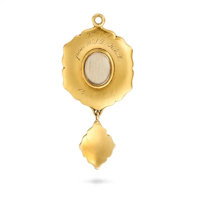 NO RESERVE - AN ANTIQUE VICTORIAN GARNET, PEARL AND ENAMEL LOCKET PENDANT, CIRCA 1857 in yellow