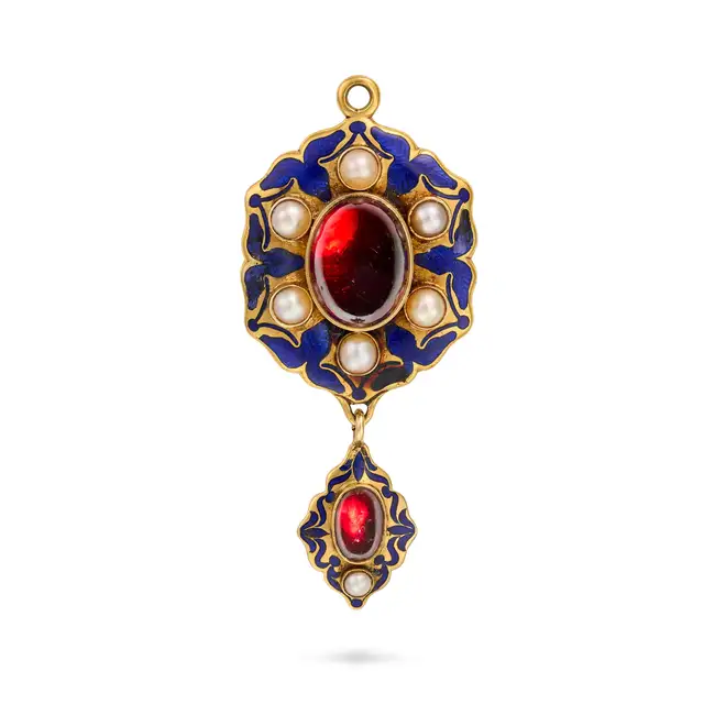 NO RESERVE - AN ANTIQUE VICTORIAN GARNET, PEARL AND ENAMEL LOCKET PENDANT, CIRCA 1857 in yellow