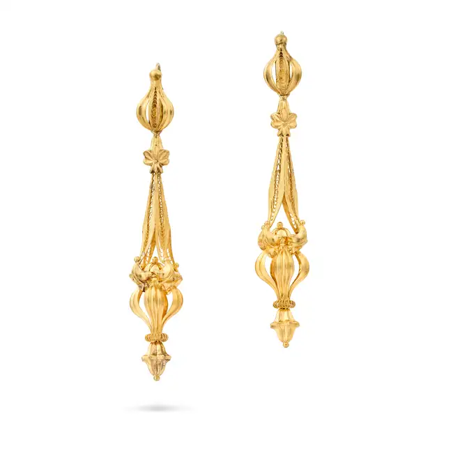 A PAIR OF LARGE ANTIQUE VICTORIAN GOLD DROP EARRINGS each designed as an ornate tapering drop, no