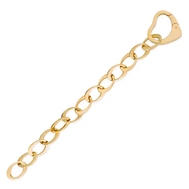 MAPPIN & WEBB, A GOLD HEART BRACELET in 18ct yellow gold, comprising a row of oval links, the