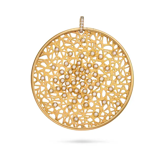 A PORTUGUESE DIAMOND PENDANT in yellow gold, the openwork pendant in abstract design, set with round