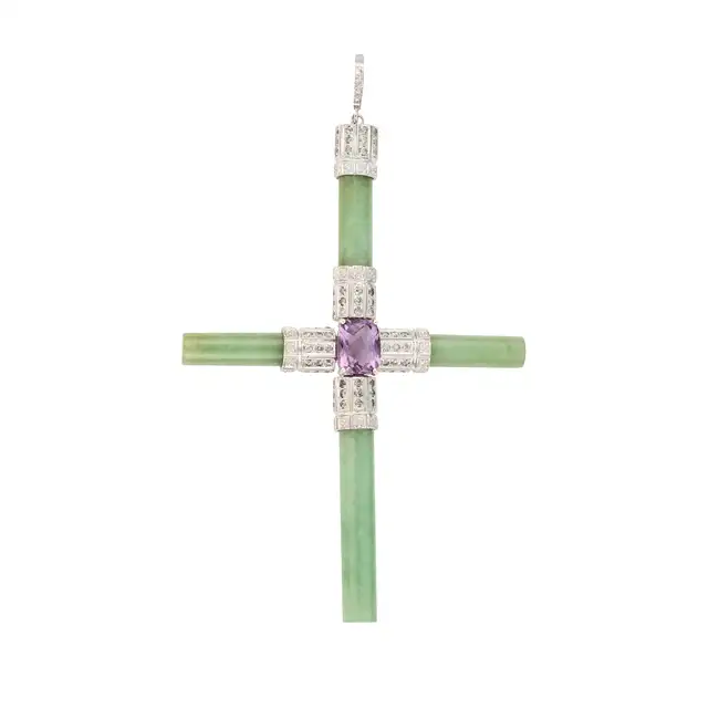 NO RESERVE - A JADEITE JADE, AMETHYST AND DIAMOND CROSS PENDANT in 18ct white gold, designed as a