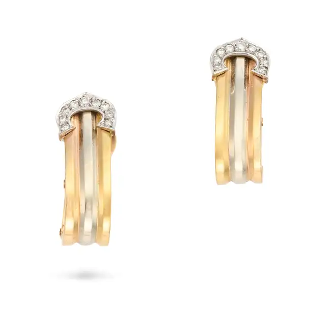 CARTIER, A PAIR OF DIAMOND C DE CARTIER EARRINGS in 18ct tricolour gold, each tricolour earring