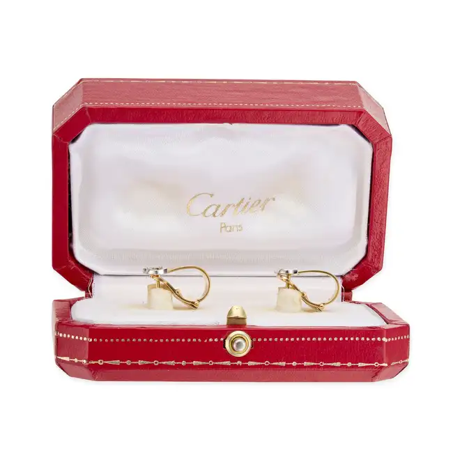 CARTIER, A PAIR OF DIAMOND C DE CARTIER EARRINGS in 18ct tricolour gold, each tricolour earring