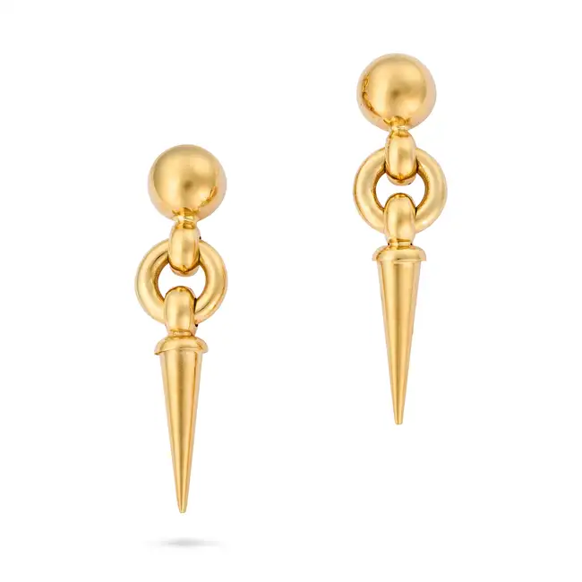 A PAIR OF ITALIAN GOLD DROP EARRINGS each suspending a gold drop surmounted by an open gold circle