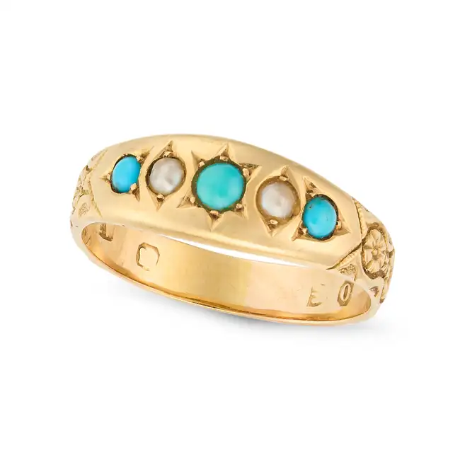 NO RESERVE - AN ANTIQUE VICTORIAN TURQUOISE AND PEARL RING, 1897 in yellow gold, set with a row of