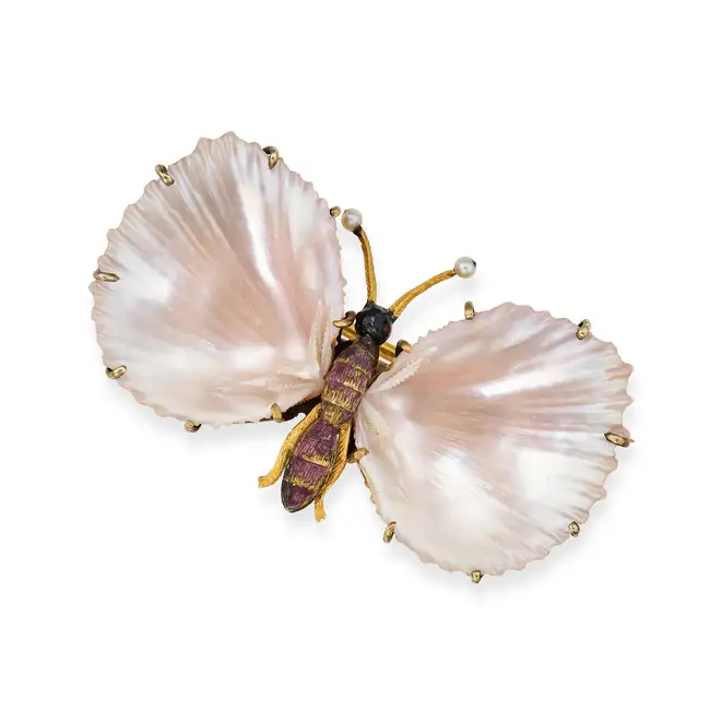 AN ANTIQUE SHELL, PEARL AND ENAMEL BUTTERFLY BROOCH, CIRCA 1880 designed as a butterfly, the body