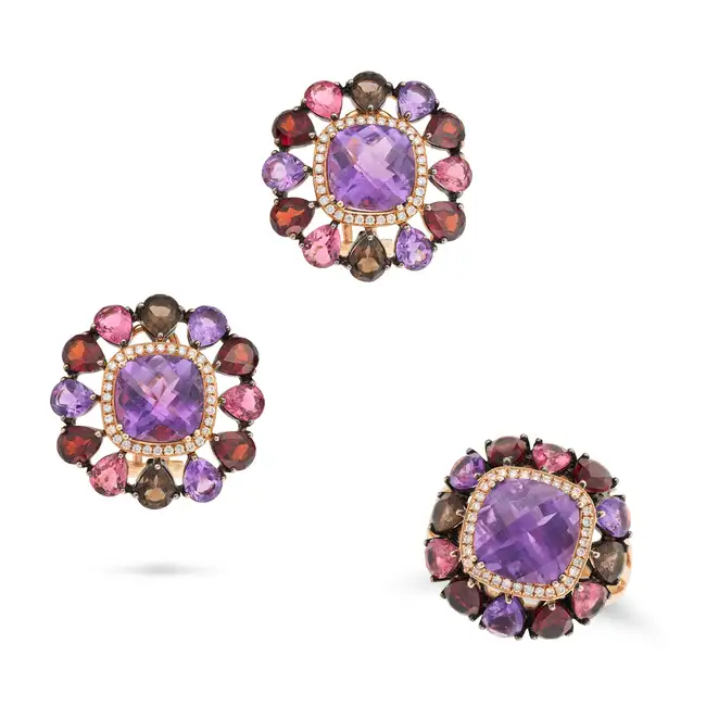A MULTI GEM AND DIAMOND RING AND EARRINGS SET the earrings set with a facetted amethyst in a