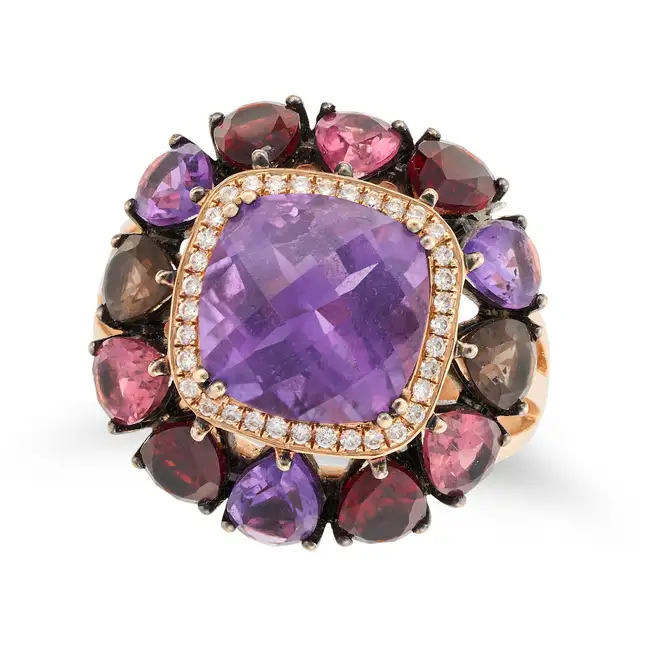 A MULTI GEM AND DIAMOND RING AND EARRINGS SET the earrings set with a facetted amethyst in a