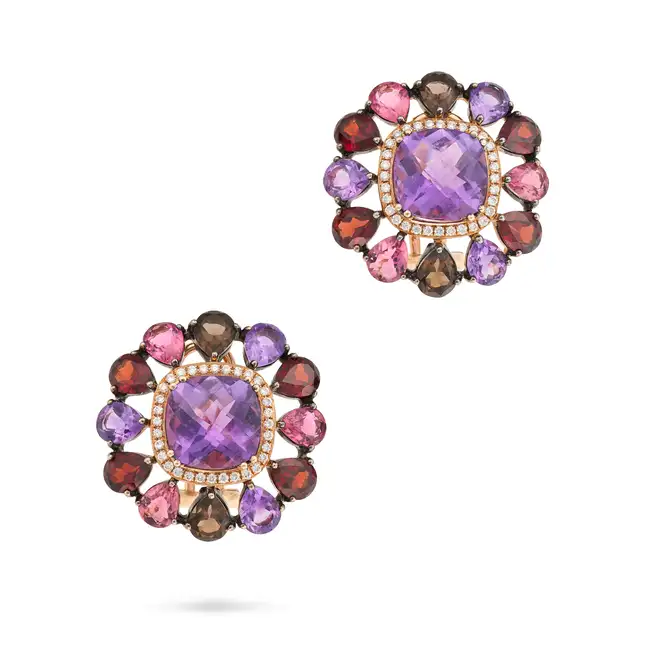 A MULTI GEM AND DIAMOND RING AND EARRINGS SET the earrings set with a facetted amethyst in a