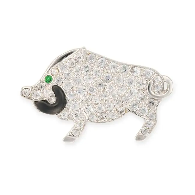 A DIAMOND, TSAVORITE AND ENAMEL BOAR BROOCH designed as a boar, pave set with round brilliant cut