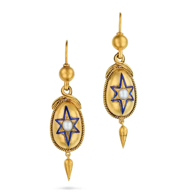 A PAIR OF ANTIQUE VICTORIAN PEARL AND ENAMEL DROP EARRINGS each domed drop set with a pearl within a