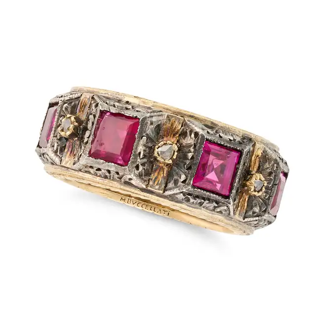 MARIO BUCCELLATI, A RUBY AND DIAMOND ETERNITY RING, CIRCA 1935 in yellow gold and silver, set all