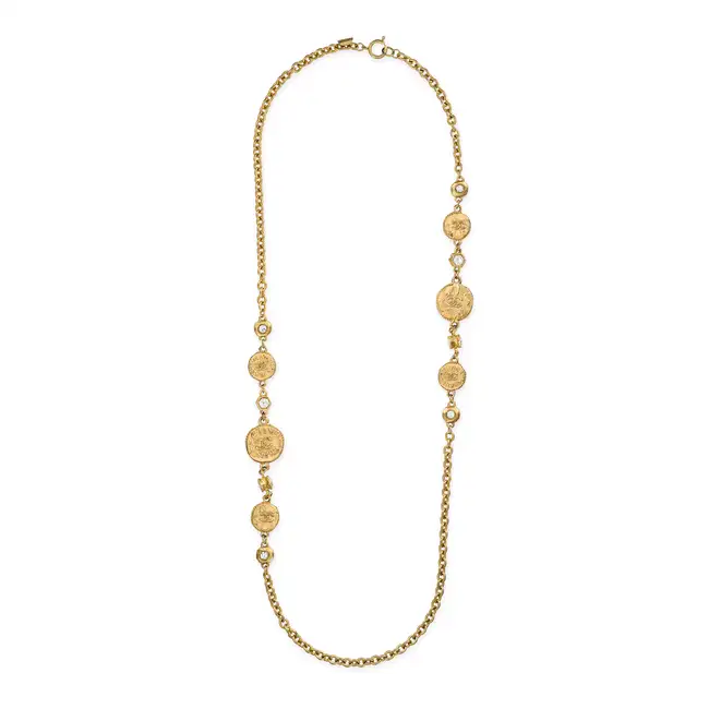 CHANEL, A CRYSTAL MEDALLION NECKLACE comprising a curb link chain with six Chanel medallions