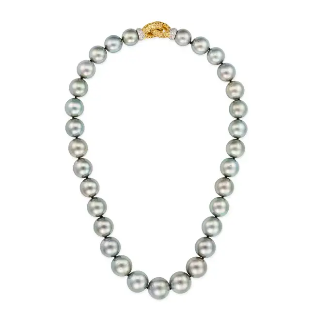 A FINE TAHITIAN PEARL, DIAMOND AND YELLOW SAPPHIRE NECKLACE comprising a single row of thirty one