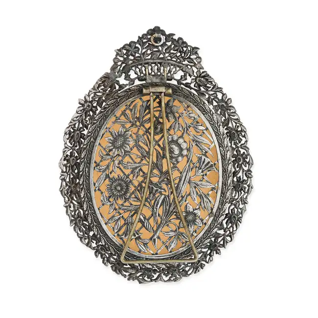 A FINE ANTIQUE GEORGIAN DIAMOND PORTRAIT MINIATURE FRAME, CIRCA 1800 in silver, the oval frame in