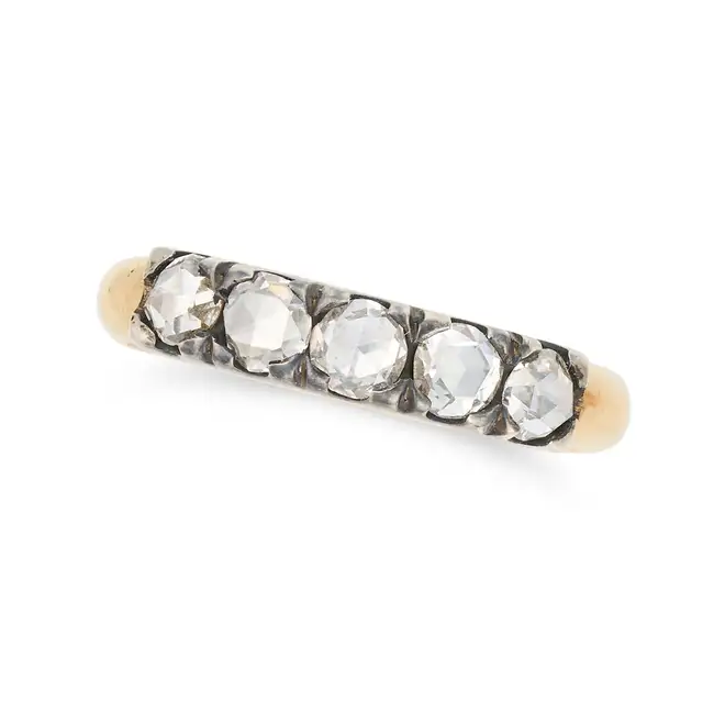 A DIAMOND FIVE STONE RING in 18ct yellow gold and silver, set with five rose cut diamonds, GC