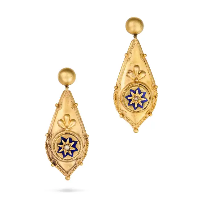 A PAIR OF ANTIQUE PEARL AND ENAMEL ETRUSCAN REVIVAL DROP EARRINGS each tapering drop set with a