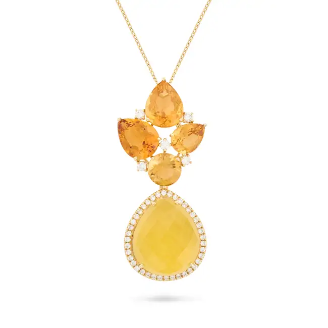 A CITRINE AND DIAMOND PENDANT NECKLACE in 18ct yellow gold, the pendant comprising a cluster of pear