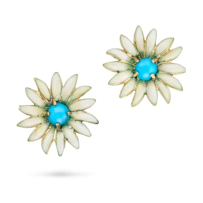 A PAIR OF VINTAGE TURQUOISE AND ENAMEL FLOWER EARRINGS each designed as a daisy set with a round