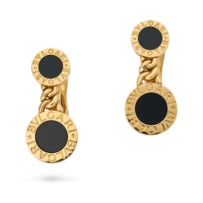 BULGARI, A PAIR OF ONYX BVLGARI BVGLARI DROP EARRINGS in 18ct yellow gold, each comprising two