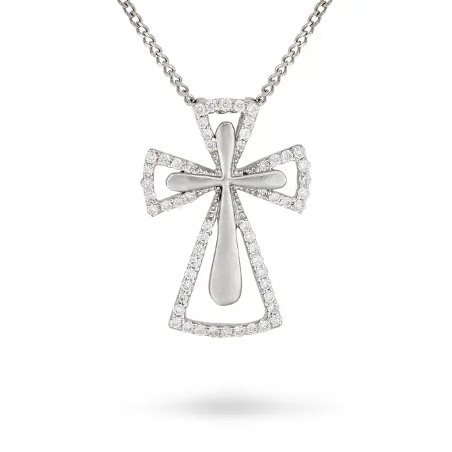 A DIAMOND CROSS PENDANT NECKLACE in 18ct white gold, the pendant designed as a cross set with