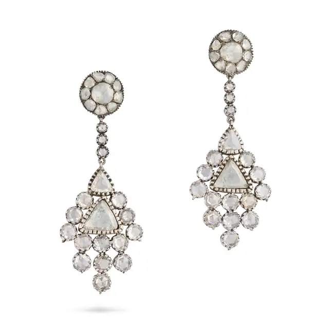 A PAIR OF DIAMOND DROP EARRINGS, 19TH CENTURY AND LATER each comprising a cluster of rose cut