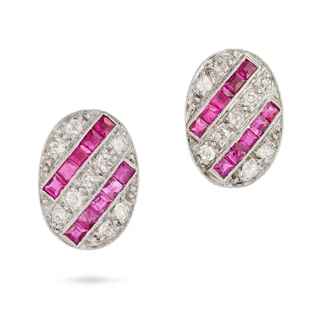 A PAIR OF RETRO RUBY AND DIAMOND EARRINGS  the oval faces set with rows of square step cut rubies