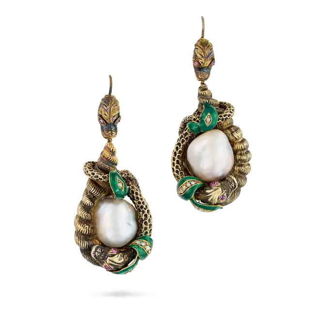 A PAIR OF FINE NATURAL SALTWATER PEARL, RUBY, DIAMOND AND ENAMEL SNAKE DROP EARRINGS each designed