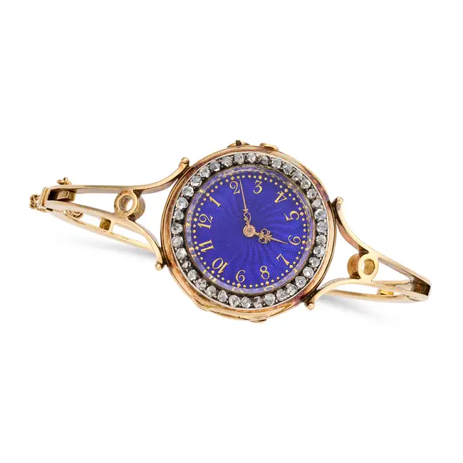 NO RESERVE - LE ROY ET FILS, AN ANTIQUE ENAMEL AND DIAMOND WATCH in yellow gold, the circular blue