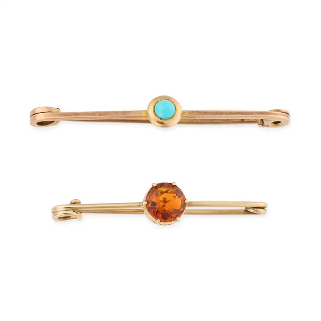 NO RESERVE - TWO ANTIQUE BAR BROOCHES comprising a turquoise pin brooch, stamped 9CT, 4.5cm, 2.4g,
