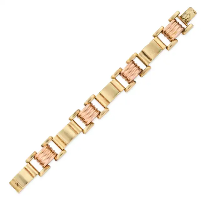 A RETRO AUSTRIAN BICOLOUR GOLD BRACELET in 14ct yellow and rose gold, comprising a row of bicolour