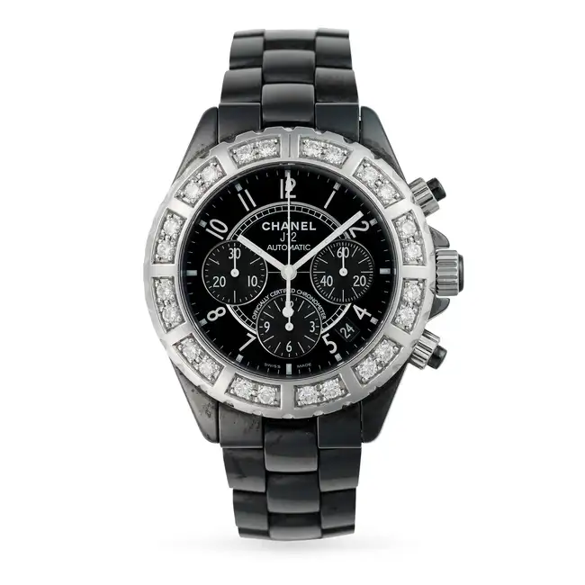 CHANEL, A J12 AUTOMATIC CHRONOGRAPH DIAMOND WRISTWATCH, ref. H1178, in black ceramic and stainless