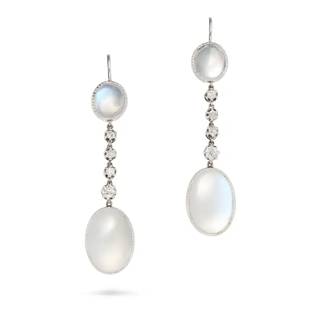 A PAIR OF MOONSTONE AND DIAMOND DROP EARRINGS each comprising an oval cabochon moonstone drop,
