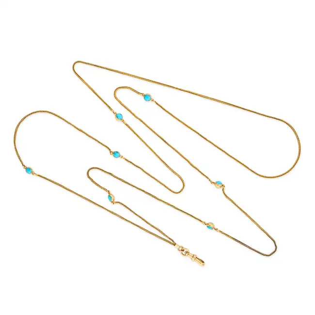 NO RESERVE - AN ANTIQUE FRENCH TURQUOISE GUARD CHAIN NECKLACE in 18ct yellow gold, comprising a