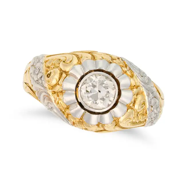 A DIAMOND DRESS RING set with a transitional cut diamond, the bombe mount with chased engraved