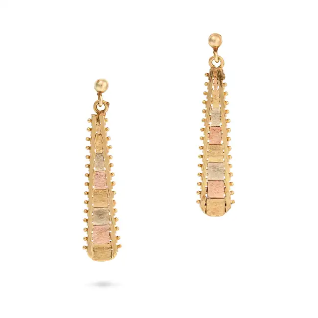 NO RESERVE - A PAIR OF VINTAGE GOLD DROP EARRINGS in 9ct yellow, white and rose gold, comprising a
