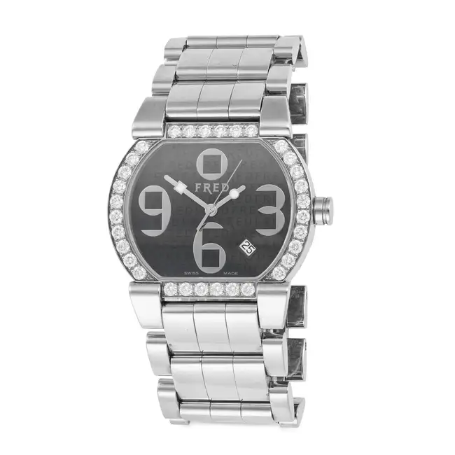 FRED, A DIAMOND SET WRISTWATCH, in stainless steel, the rounded square case with polished finish and